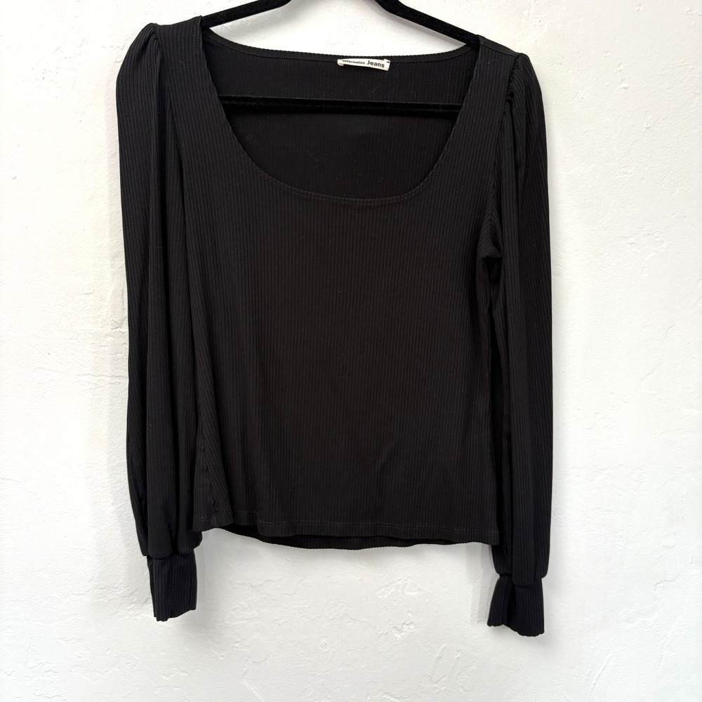 Reformation Puff Sleeve Top Women Size Large Black Ribbed Runs Small